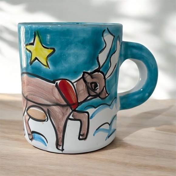Vtg Handmade Hand Painted Santa Sleigh And Reindeer Coffee Mug Made In Italy - Picture 2 of 5